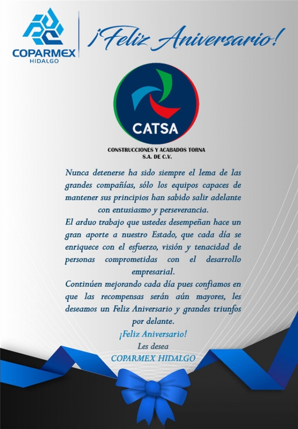 COPARMEX Hidalgo felicita a CATSA por su Aniversario empresarial